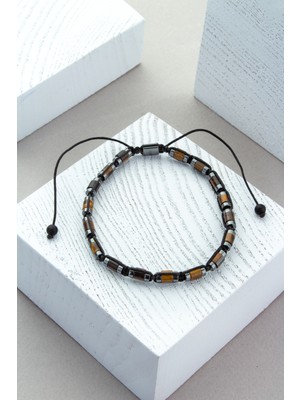 Kaplan Gözü Doğal Taş Silindir Kesim Hematitli 4X4MM Makrome Bileklik