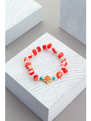 Sedef Doğal Taş Turuncu Tımbıl Kesim Mineli Kaplumbağa Bileklik