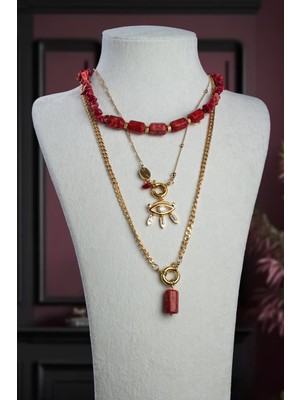 Mercan Doğal Kırık Taş 3 Lu Kombin Kolye