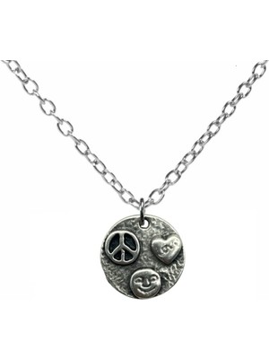 Peace, Kalp ve Gülümseme Sembollü Unisex Kolye – 60 cm Zincirli, Üçlü Sembol Anlamlı Takı