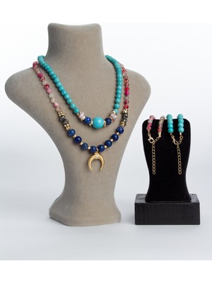 Turkuaz Doğal Taş Zirkon Ay Uçlu Kombin Kolye