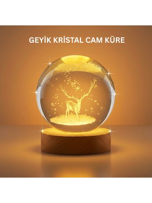 S'82 3D Geyik Desenli Kristal Küre USB Işıklı Ahşap Tabanlı Oda Lambası