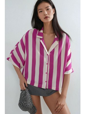 Hiccup Kadın Busem Rahat Kesim Çizgili Düğmeli Gömlek Macenta Pembesi
