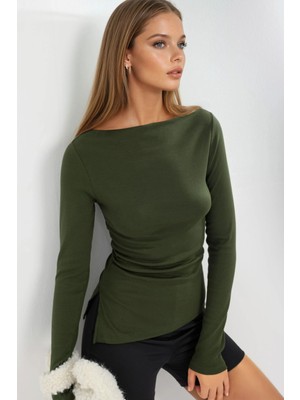 Hiccup Kadın Busem Kayık Yaka Pamuklu Bluz Orman Yeşili