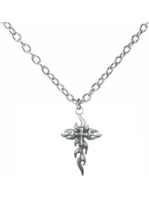 Alevli Haç Kolye – Unisex Metal Takı, 60 cm Zincirli Gotik & Alternatif Stil