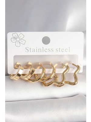 Tegan 316L Çelik Gold Renk Yıldız Halka Model Kadın Küpe Seti TG27BKP10392