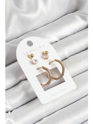 Tegan Pirinç Zirkon Taş ve Kemik Halka Figürlü Gold Renk 3'lü Çift Kadın Küpe Set TG27BKP10654