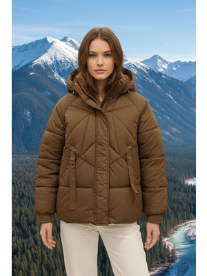 Robin D99900 Kapşonlu Çıt Çıt Detaylı Oversize Kadın Puf Mont