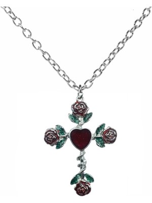Kırmızı Güllü Haç Figürlü Unisex Kolye – 60 cm Zincirli, Romantik ve Sembolik Gotik Tasarım