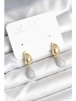 Tegan Gold Renk Zirkon Taşlı Damla Pirinç Kadın Küpe TG27BKP11288
