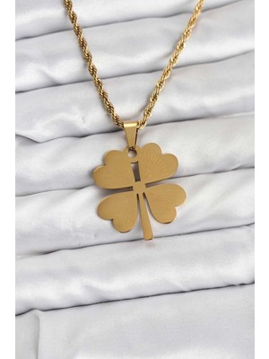 Clariss 316L Çelik Zincir Gold Renk Yonca Model 60 cm Kadın Kolye