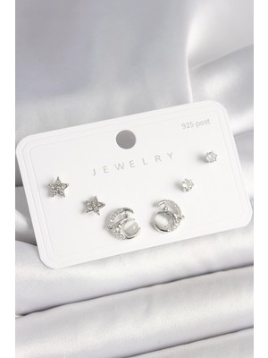 Tegan 925 Ayar Gümüş Çivi Zirkon Taşlı Hilal Yıldız Model Kadın Küpe Seti TG27BKP10399