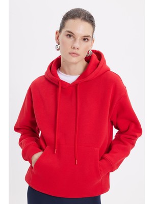 Tudors Kadın Oversize Geniş Kesim Pamuklu Yumuşak Dokulu Içi Polarlı Basic Kırmızı Kapüşonlu Sweatshirt