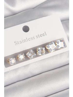 Tegan 316L Çelik Gold Renk Kare Zirkon Taş Model Kadın Küpe Seti TG27BKP10304