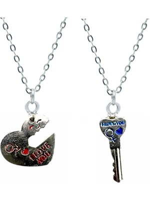 Kalp Kilit Ikili Kolye Çift 60CM Gümüş Kaplama