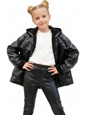 Escabel Kız Çocuk Kapüşonlu Deri Ceket ve Tayt İkili Takım – Pelüş Astarlı Mont & Esnek Dar Paça Pantolon