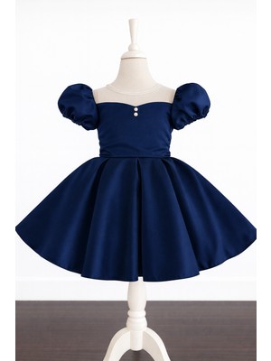 Musgem Özel Tasarım Lacivert Kısa Kol Inci Detaylı Kız Çocuk Abiye Elbise