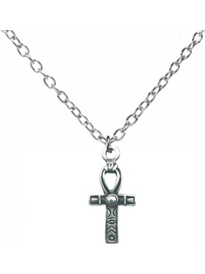 Gri Desenli Haç Figürlü Kolye – 60 cm Zincirli, Gotik & Unisex Takı