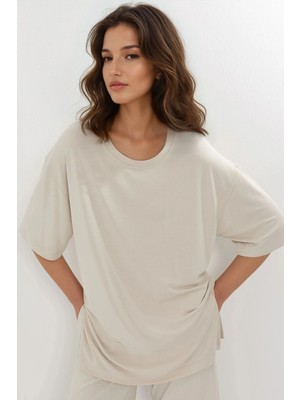 Hiccup Kadın Busem Yırtmaç Detaylı Bisiklet Yaka Kısa Kollu T-Shirt Taş Doğal