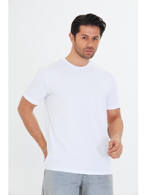 Trendhill Erkek Büyük Beden Pamuklu Bisiklet Yaka Tişört Beyaz 5014B-B