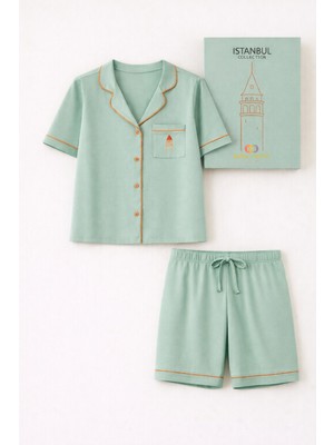 Kadın Istanbul Serisi Galata Kulesi Desenli Premium Kutulu Şortlu Pijama Takımı Yeşil