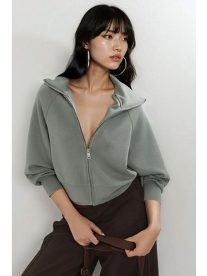 Hiccup Kadın Busem Rahat Kesimli Fermuarlı Sweatshirt Adaçayı Yeşili
