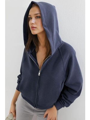 Hiccup Kadın Busem Cep Detaylı Kapüşonlu Fermuarlı Ceket Lacivert