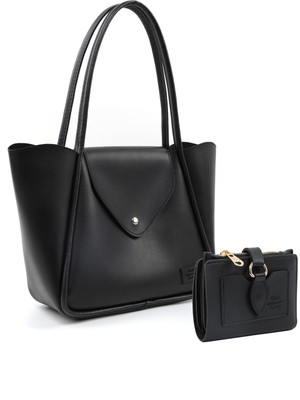 SHAKA Siyah SHK275 Suni Deri Büyük Boy Çıtçıtlı Omuz Çantası ve Cüzdan Seti (SHK249-SHK66)