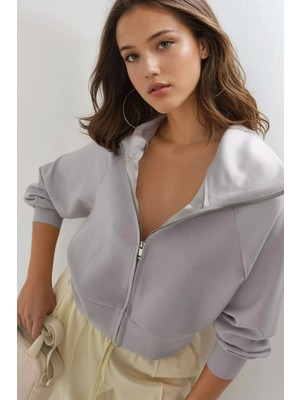 Hiccup Kadın Busem Rahat Kesimli Fermuarlı Sweatshirt Gri