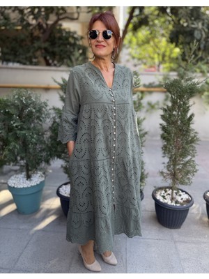 Denizege Butik Tüm Düğme Brode Elbise Haki