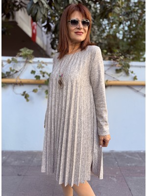 Denizege Butik Italyan Kolyeli Taş Detaylı Elbise Gri