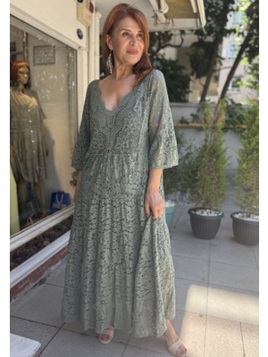 Denizege Butik Italyan Damla Yaka Elbise Haki