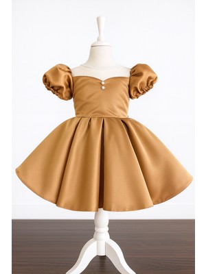 Musgem Özel Tasarım Açık Kahverengi Kısa Kol Inci Detaylı Kız Çocuk Abiye Elbise