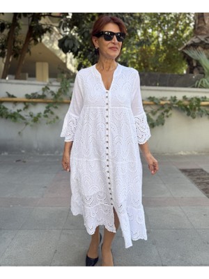 Denizege Butik Tüm Düğme Brode Elbise Beyaz