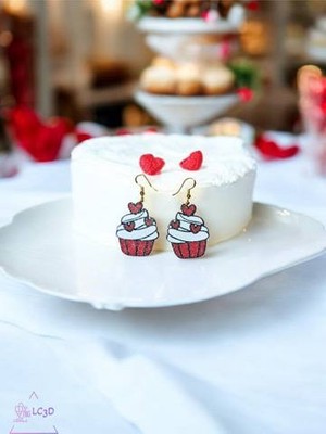 ADA 3D Kalpli Cupcake Küpe Çifti - Sevgililer Günü Temalı Işıltılı Kırmızı ve Beyaz Tasarım Aksesuar
