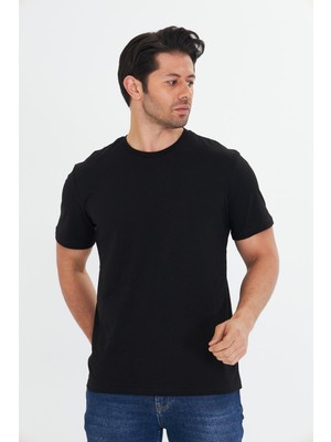 Trendhill Erkek Büyük Beden Pamuklu Bisiklet Yaka Tişört Siyah 5014B-S