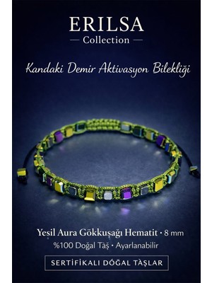 Erilsa Sertifikalı Kandaki Demir Eksikliği Aktivasyon Bilekliği – Yeşil Aura Gökkuşağı Hematit Taşı