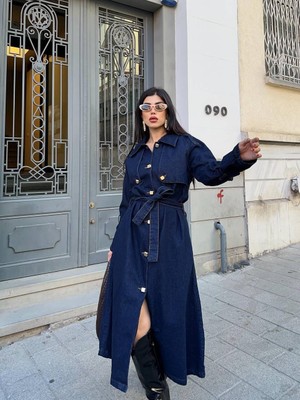 Nisa Luxury Boutique Kadın Uzun Kol Gold Düğmeli Kuşaklı Denim Trençkot/lacivert