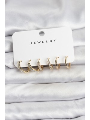 Stillove Zirkon Taşlı Gold Renk Pirinç Kadın Küpe Seti