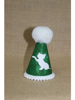 Feyza Design Yeşil Eva Kedi Doğum Günü Parti Şapkası, Lastikli, Çap 7,5 Cm, Boy 13 cm