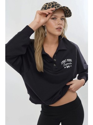 Hiccup Kadınlar BUSEM Polo Yaka Uzun Kollu Rahat Kesim Sweatshirt Lacivert