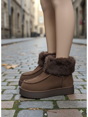 Alfaze Içi Kürklü Önden Fermuarlı Bot Kahverengi Topuk Boyu 4 cm