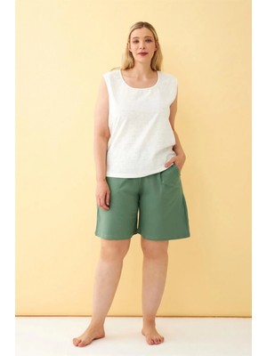Marsilyan- Kadın Yeşil Rahat Kalıp Büyük Beden Cepli Şort
