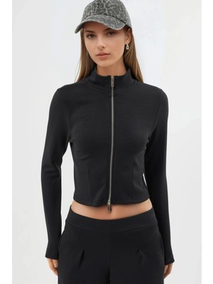 Hiccup Kadın Busem Fermuarlı Vücuda Oturan Örme Ceket Siyah