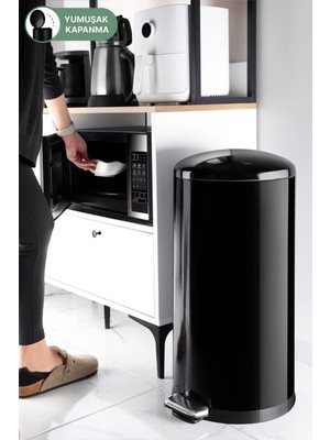 Özbience Paslanmaz Çelik Bombe Kapaklı Çöp Kovası 40 Litre Siyah