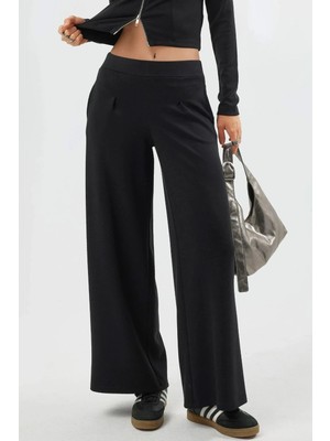 Hiccup Kadın Busem Lastik Bel Geniş Paça Pantolon Siyah