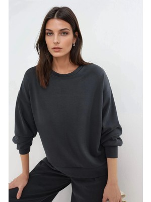 Hiccup Kadın Busem Rahat Kesim Bisiklet Yaka Modal Sweatshirt Kömür Grisi