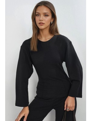 Hiccup Kadın Busem Bisiklet Yaka Uzun Kollu Bele Oturan Bluz Siyah