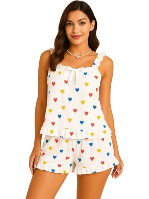 Kalp Desenli  Şortlu Pijama Takımı