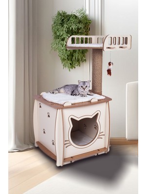 Feyza Design Yumuşak ve Konforlu Kedi Evi ve Tırmalama Yatağı Seti